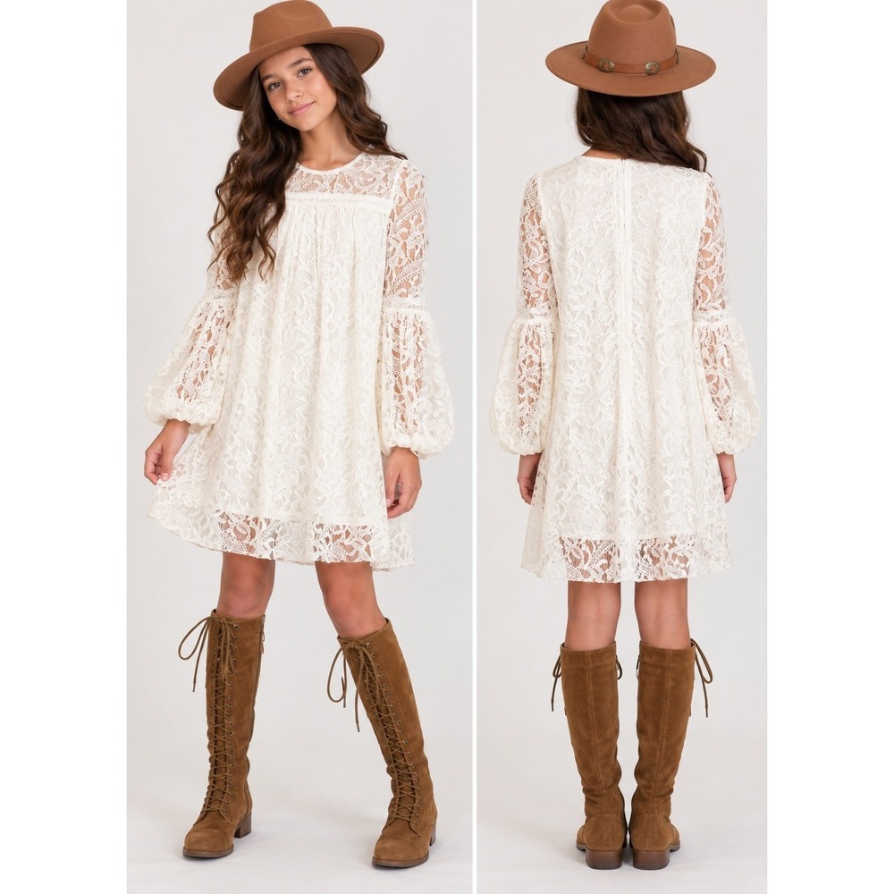 Joyfolie Girls Cyra Lace Dress Gardenia Cream Off White Lantern Sleeve Size 10
